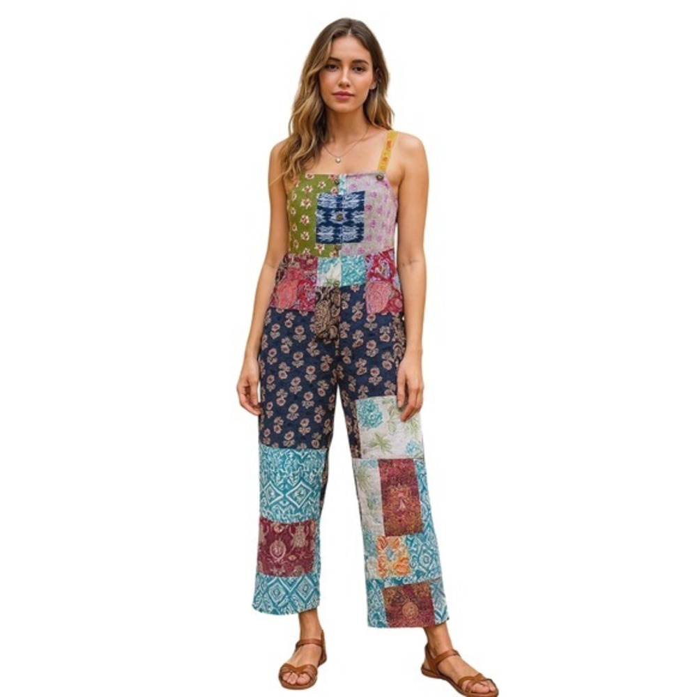 Ashley Taylor Boho Patchwork‎ Wide Leg Pant Cotton Overalls NEW